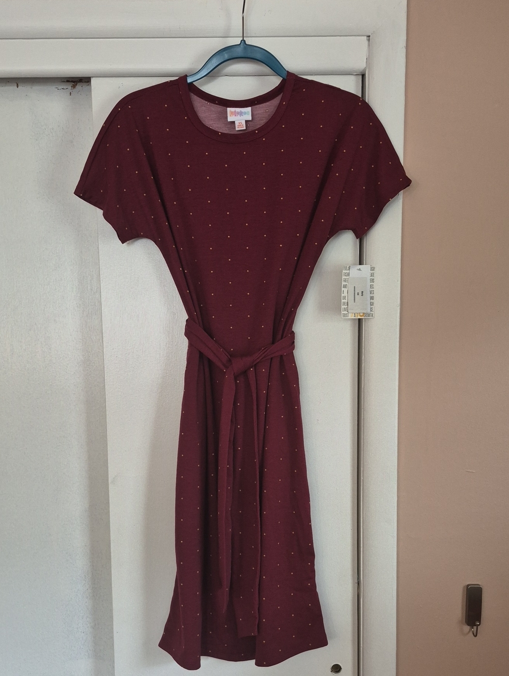 LuLaRoe Burgundy Short-Sleeve Tie-Waist Midi Dress with Tiny Dots